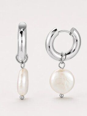 ATOLEA Chunky Pearl Silver Hoop Earrins